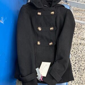 Pink Envelope Black Pea Coat with Gold Buttons Sz S New with Tags